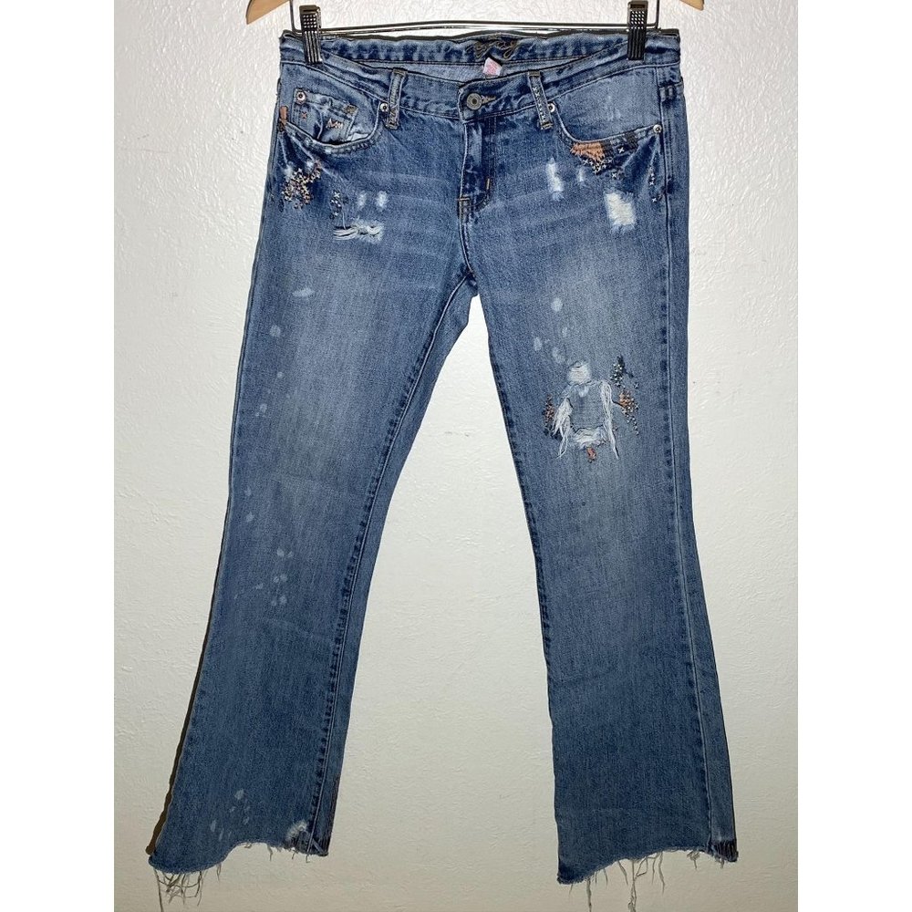 Yag Couture Womens Jeans 3 Low Rise Flare Distress
